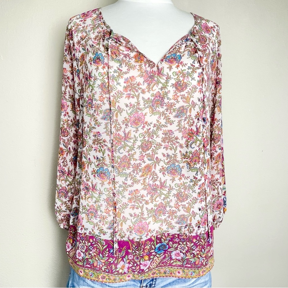 Lucky Brand Tunic Peasant Top | Sheer Pink Floral Bohemian Blouse | Size: S